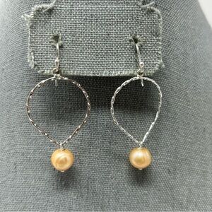 Classic Cream Gold Faux Pearl Dangle Earrings with Silver Tone Teardrop Hoop